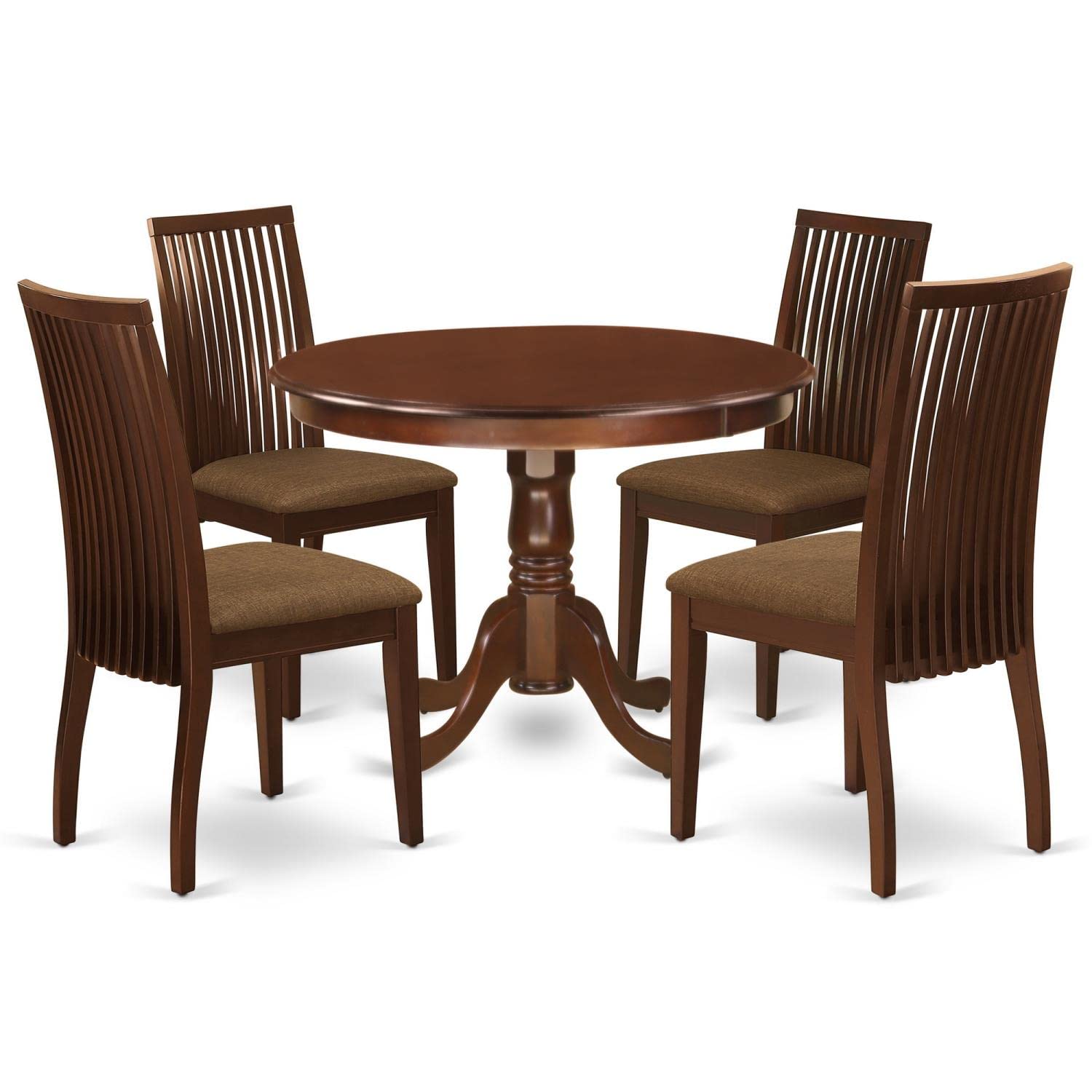 East West Furniture Hlip5-Mah-C 5 Piece Dinette Set For 4 Includes A Round Dining Room Table With Pedestal And 4 Linen Fabric Kitchen Dining Chairs, 42X42 Inch, Mahogany
